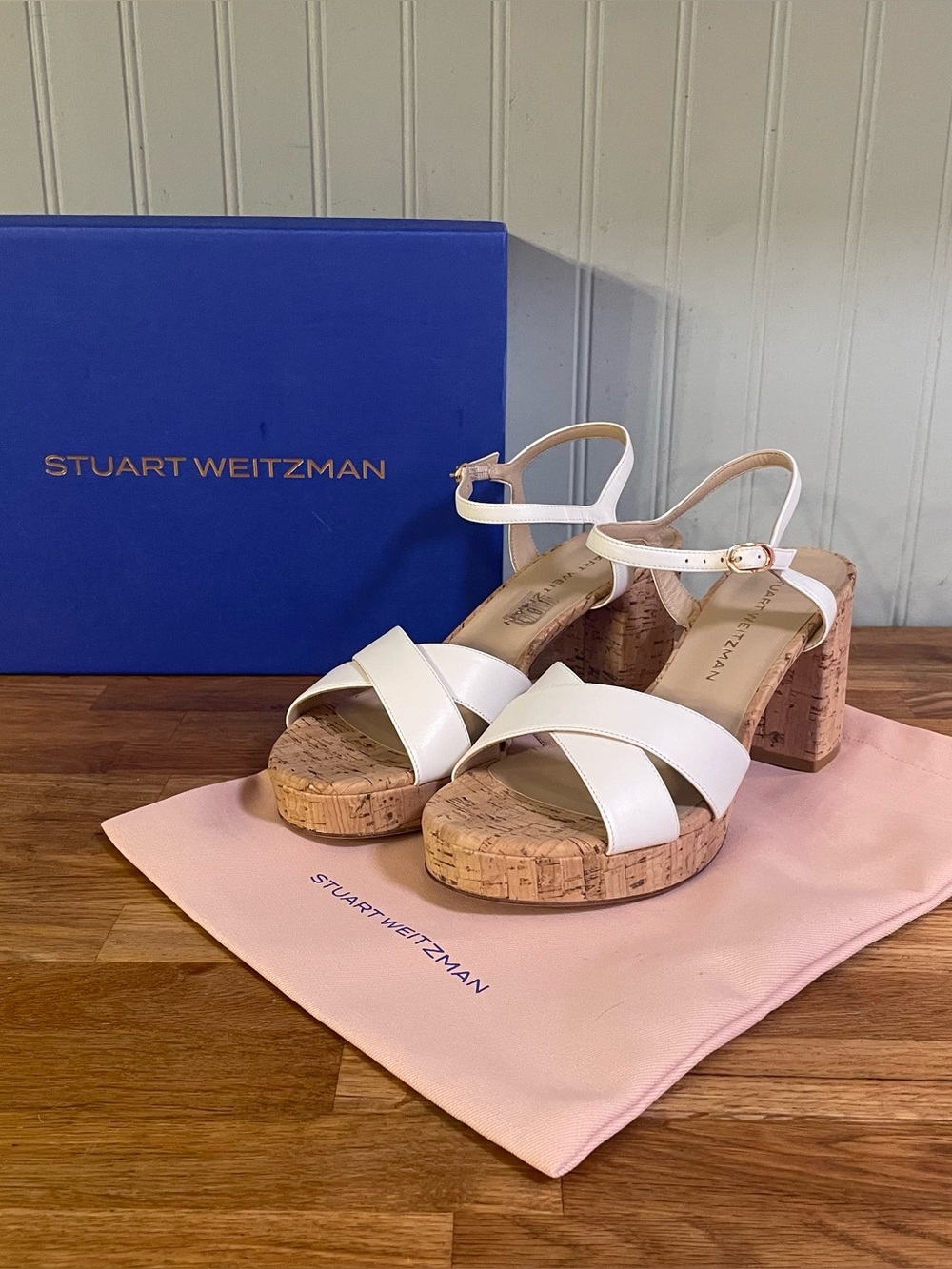 NEW Stuart Weitzman White/Cork Dayna Platform 80 Block Heel Sandals (10B)